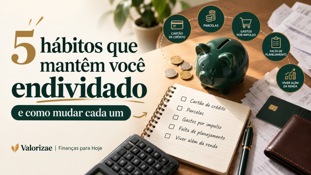 Ilustração dos cinco hábitos financeiros que mantêm você endividado, com cartão de crédito, parcelas e planejamento financeiro.