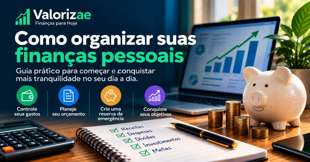 Banner sobre como organizar suas finanças pessoais, com orçamento, controle de gastos, reserva de emergência e planejamento financeiro.
