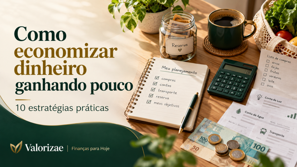 Imagem sobre como economizar dinheiro ganhando pouco, com lista de compras, controle de contas, calculadora e planejamento financeiro.