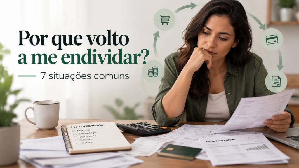 Pessoa analisando faturas, orçamento e cartão de crédito, com ilustração do ciclo das dívidas e o título Por que volto a me endividar?
